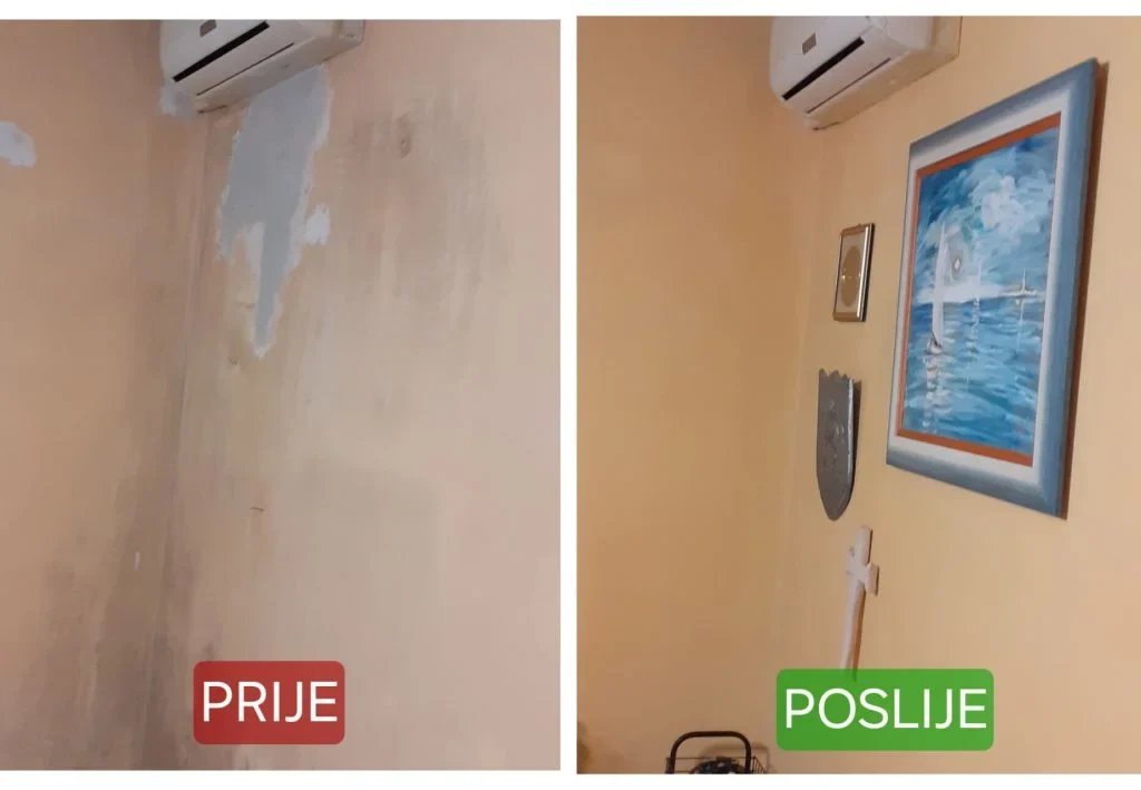 Zid s vlagom i oštećenjima prije i poslije profesionalnih soboslikarskih radova – Rijeka